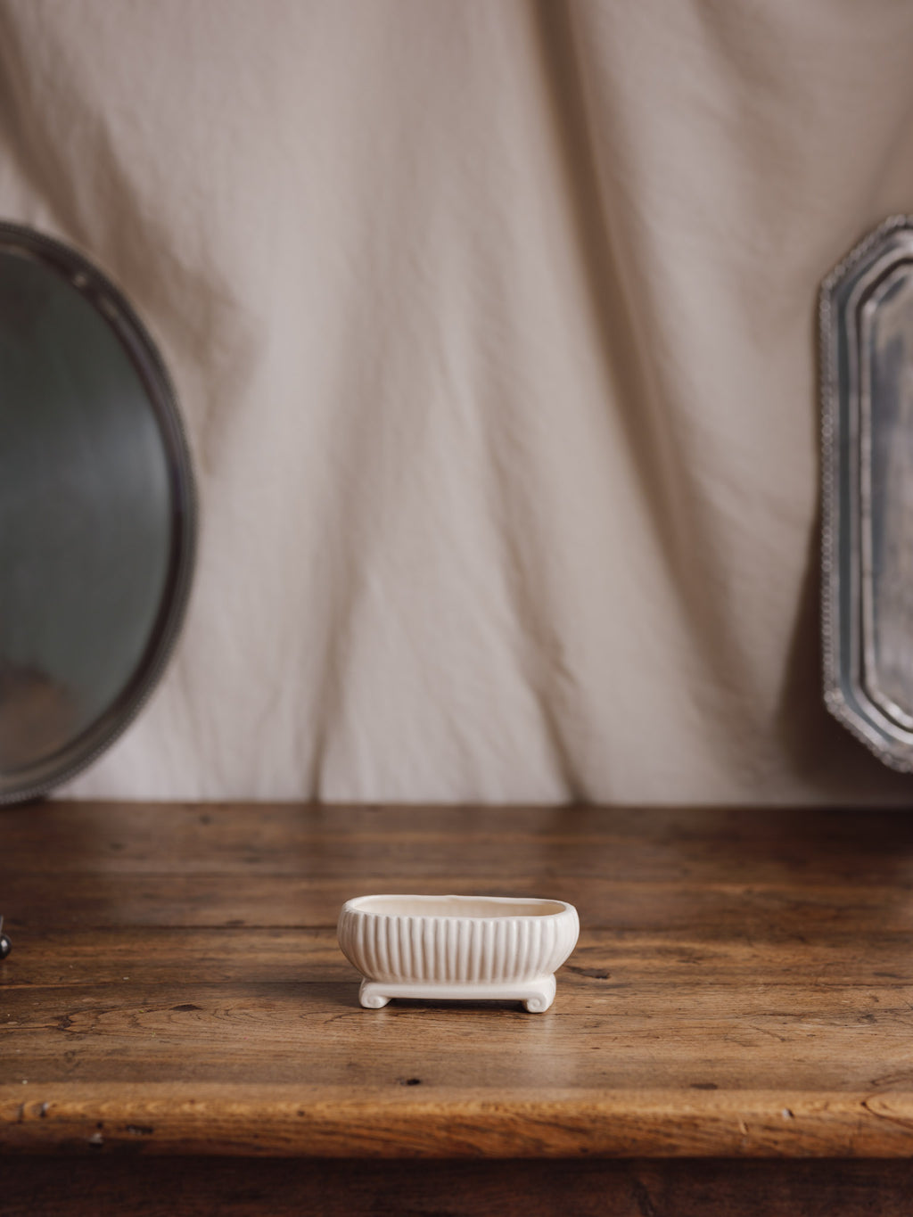 Ribbed White Ceramic Trough Vase