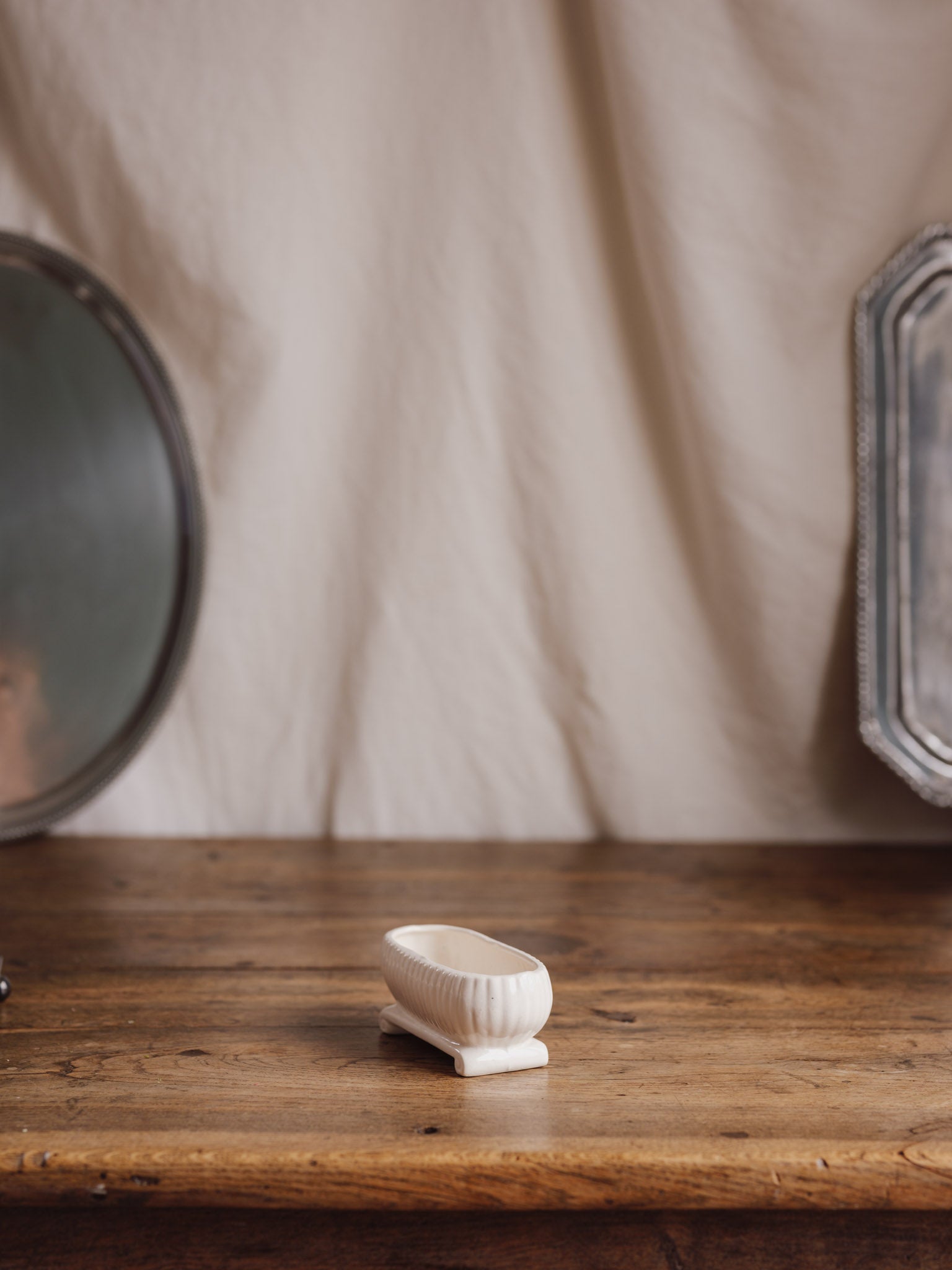 Ribbed White Ceramic Trough Vase