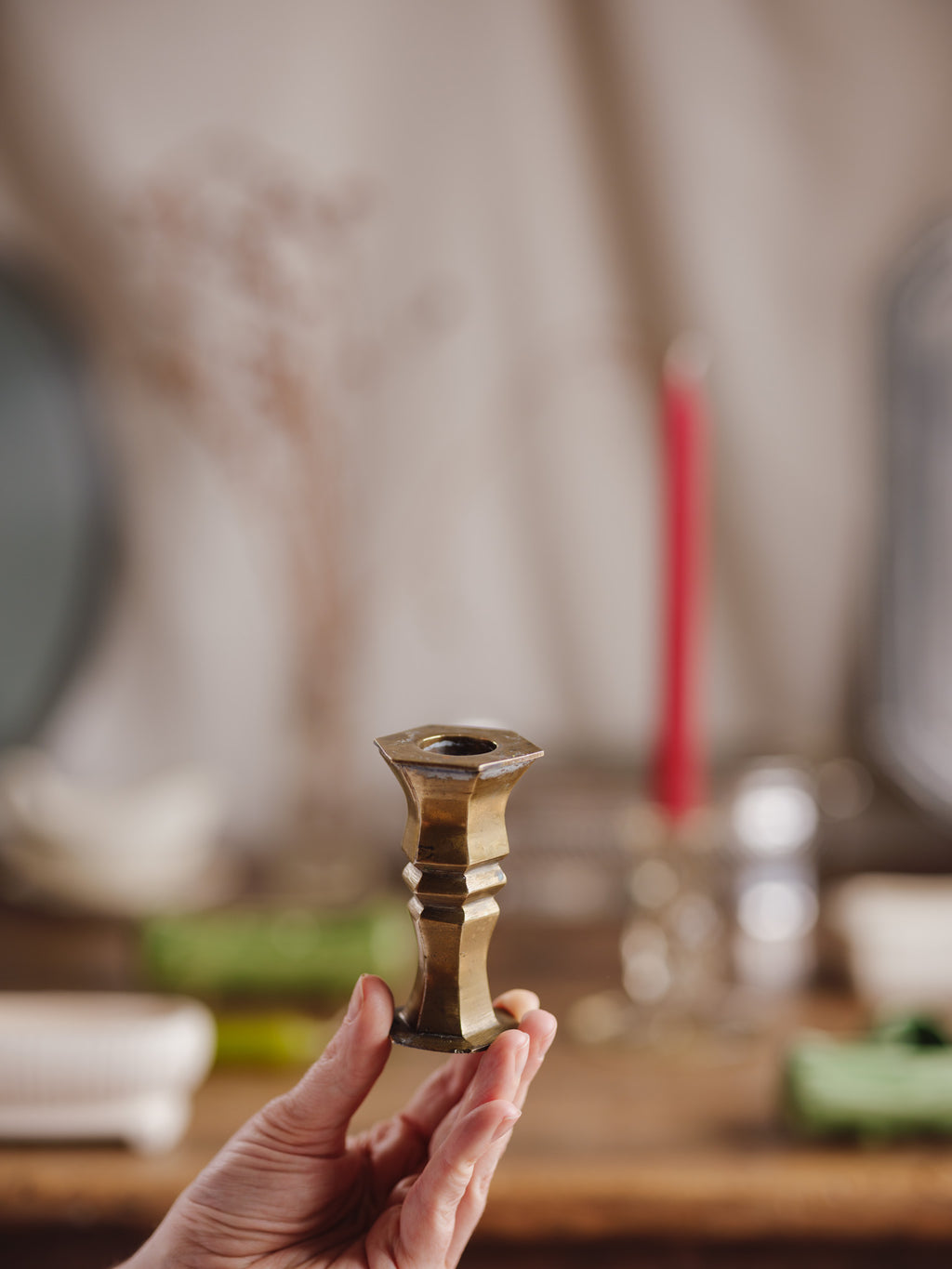 Vintage Hexagonal Brass Candlestick Holder