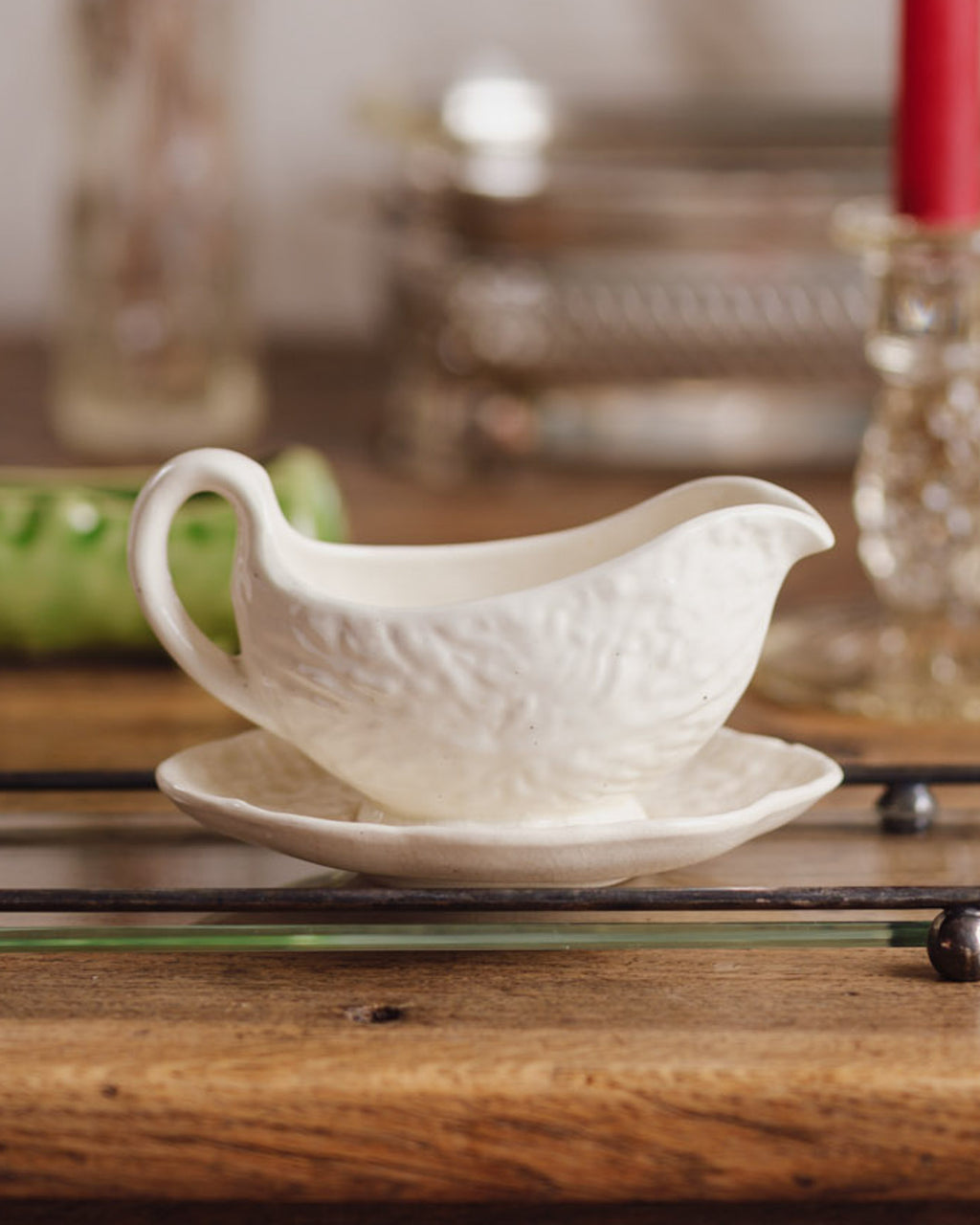 Vintage Off-White Cabbage Leaf Gravy Boat & Saucer