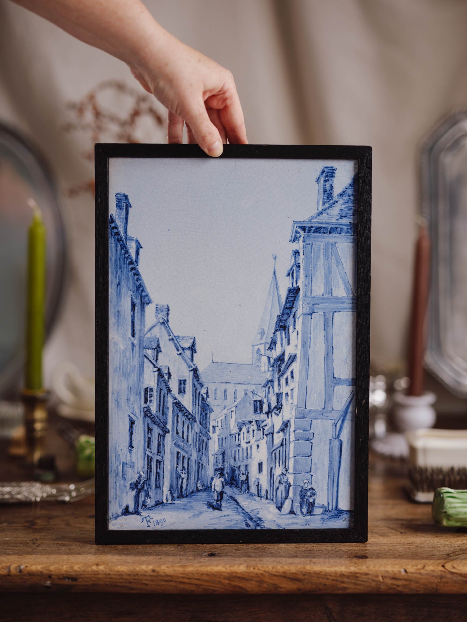 Antique Framed Blue & White Plaque (Dated 1890)