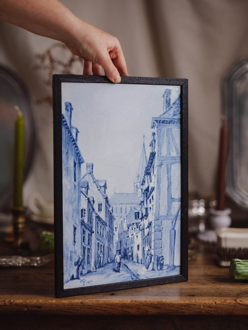 Antique Framed Blue & White Plaque (Dated 1890)