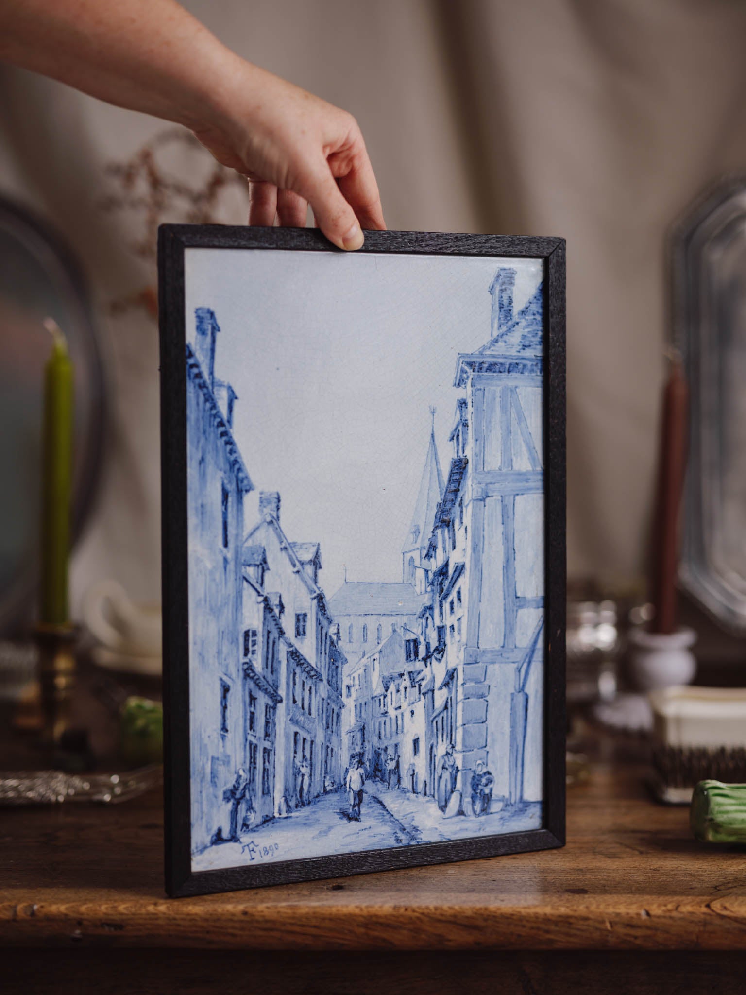 Antique Framed Blue & White Plaque (Dated 1890)