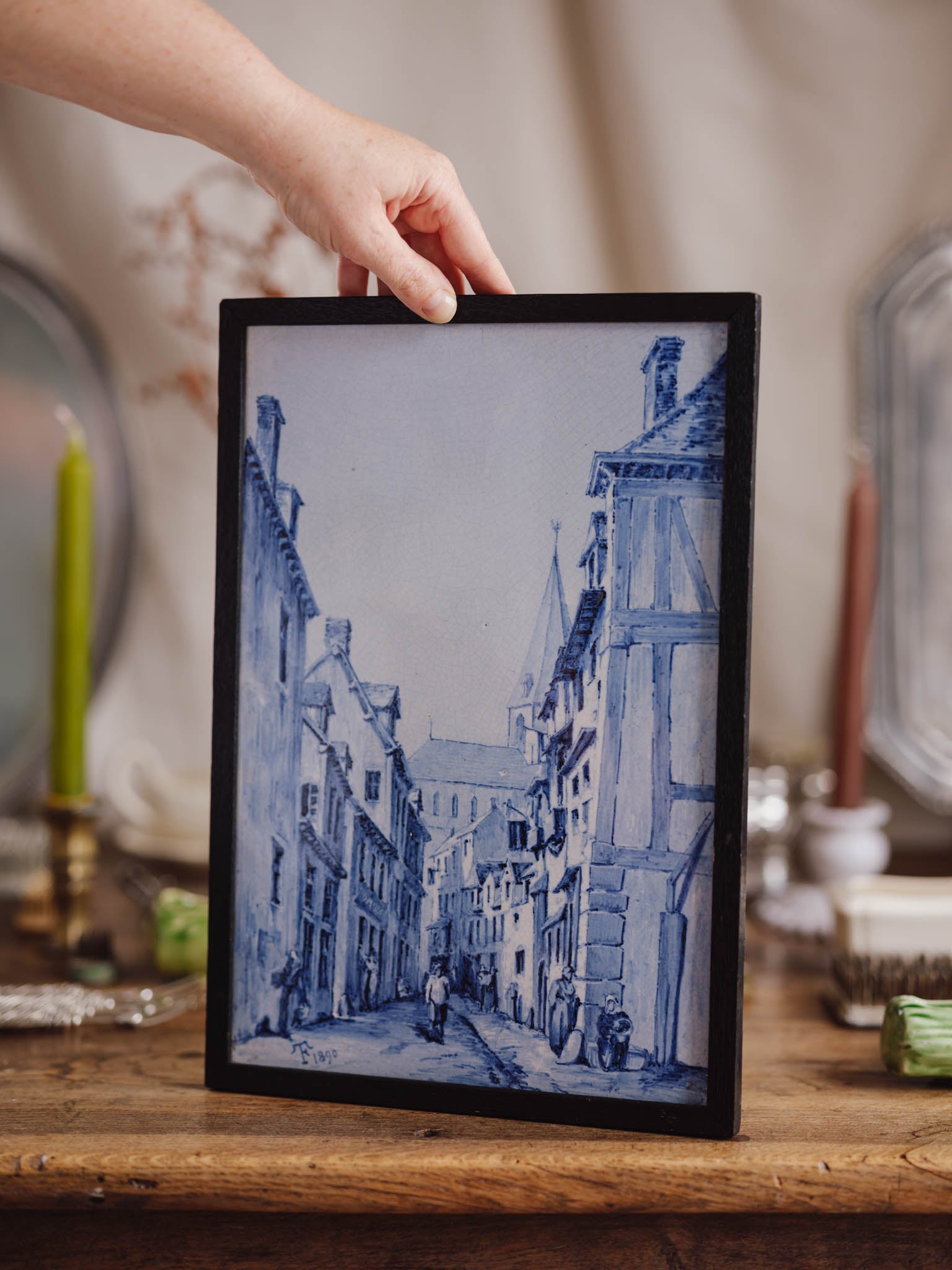 Antique Framed Blue & White Plaque (Dated 1890)