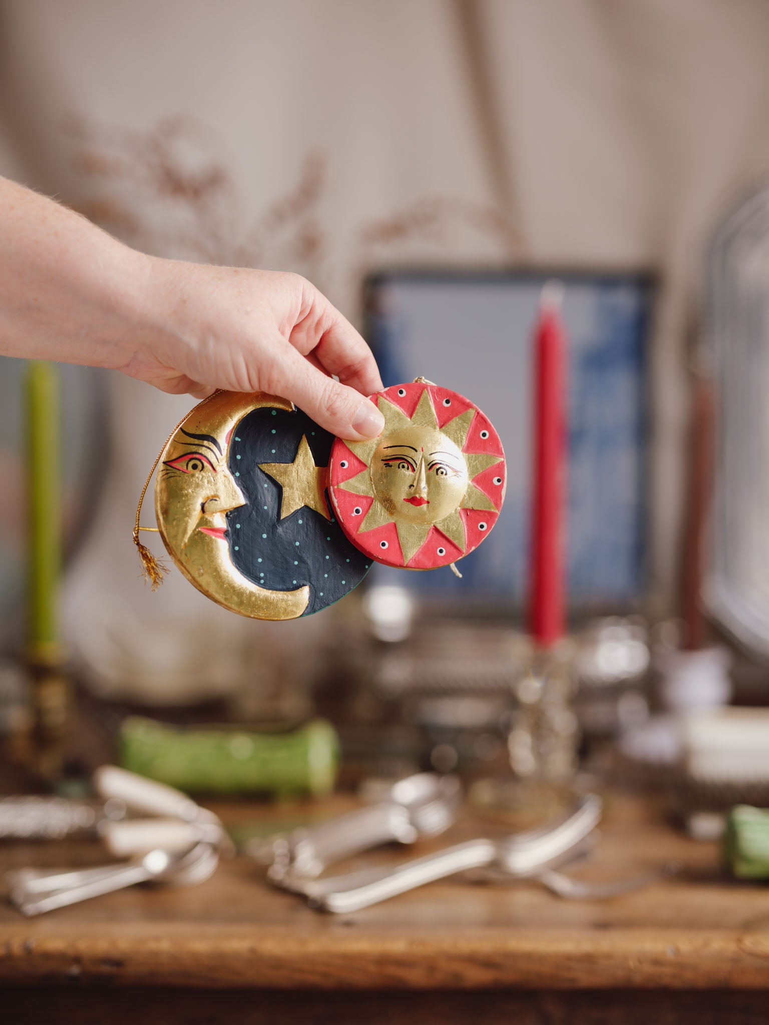 Pair of Hand-Painted Sun & Moon Christmas Ornaments