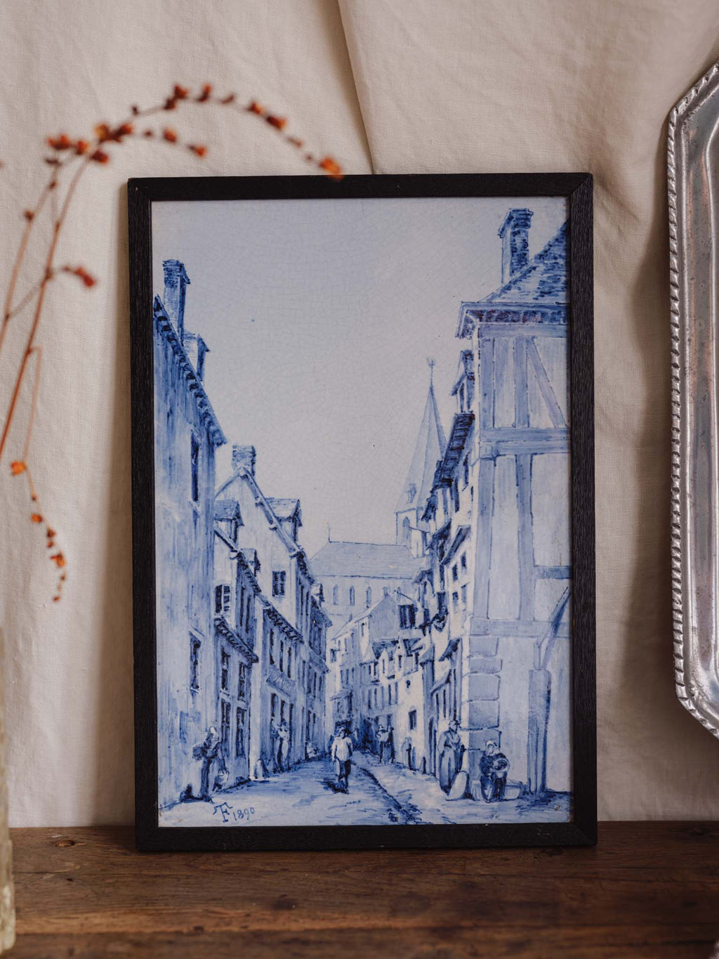 Antique Framed Blue & White Plaque (Dated 1890)