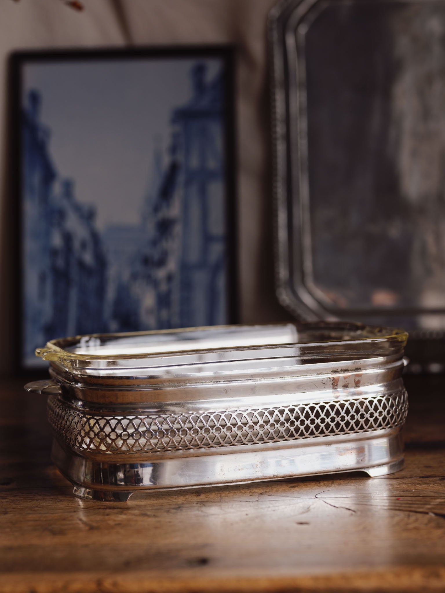 Silver Plate Serving Dish Stand with Pyrex Insert