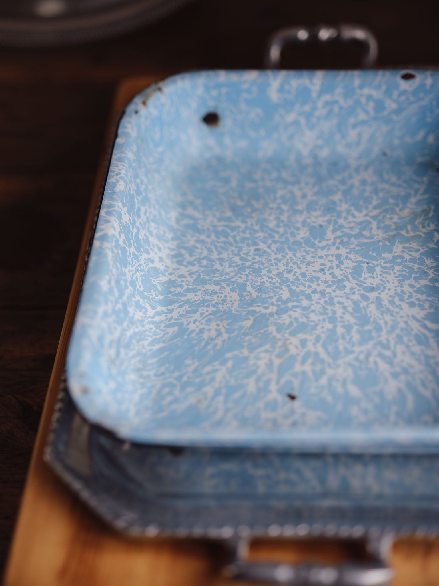 Vintage Blue & White Spatterware Enamel Roasting Pan