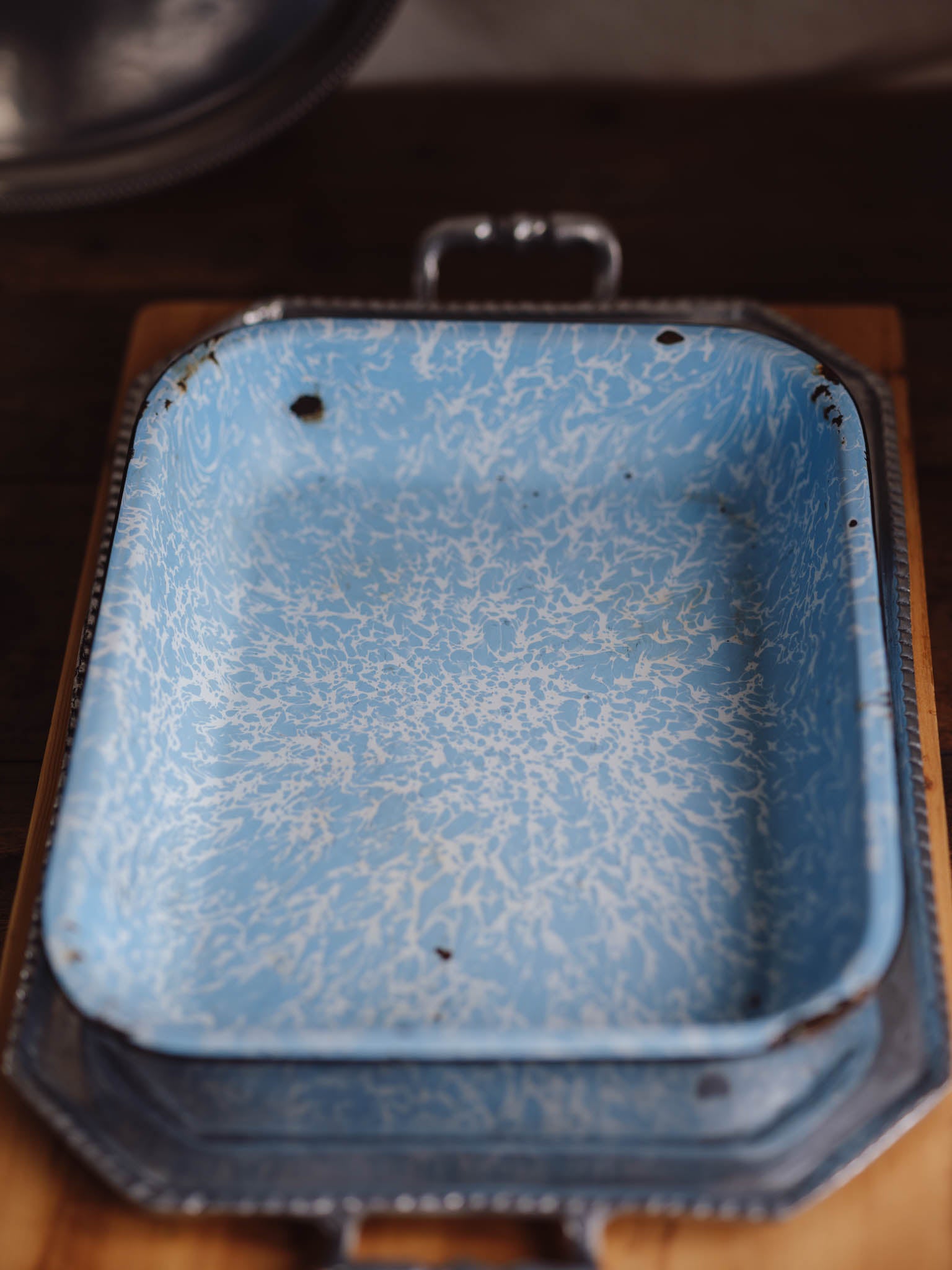 Vintage Blue & White Spatterware Enamel Roasting Pan