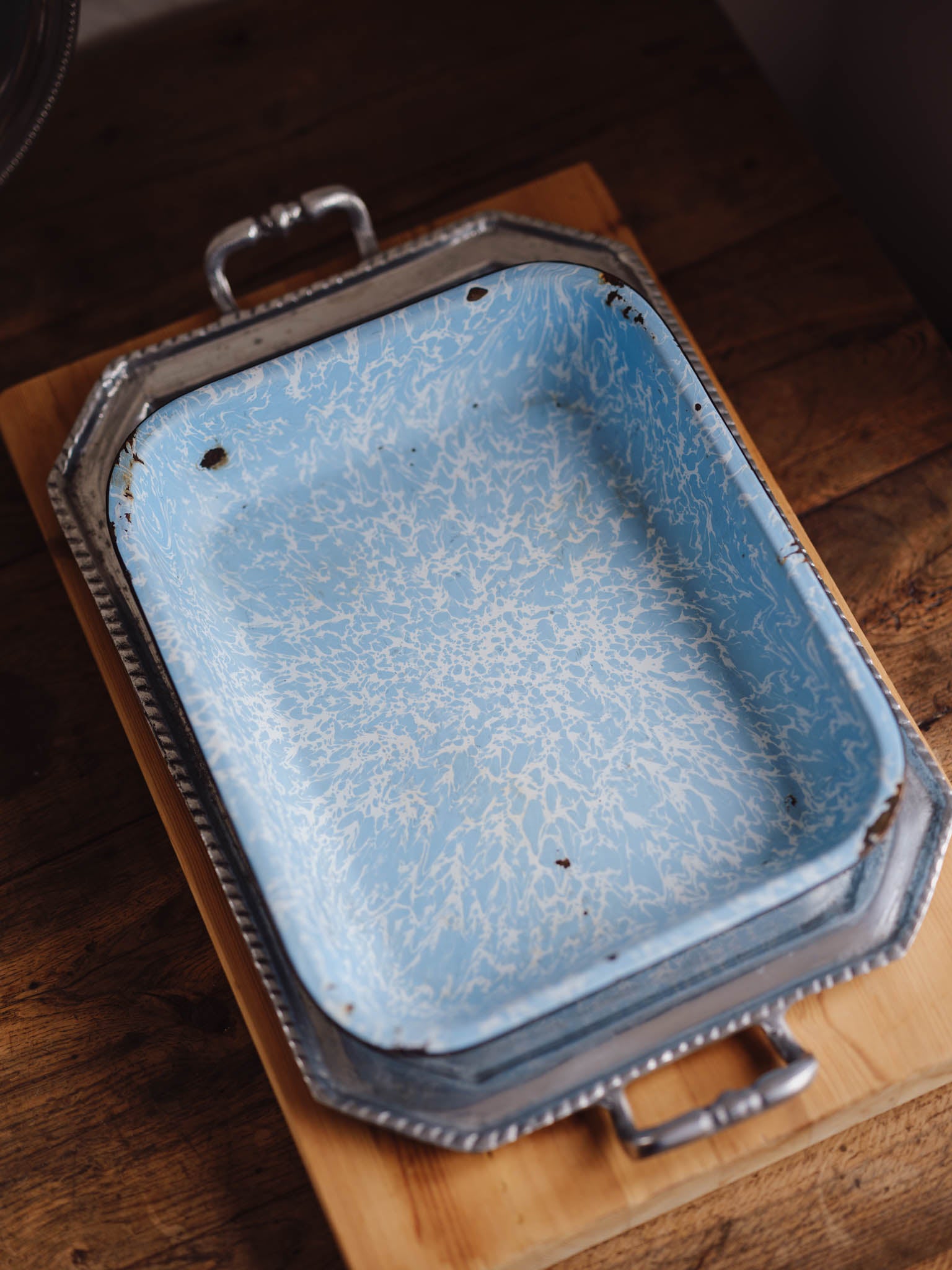 Vintage Blue & White Spatterware Enamel Roasting Pan