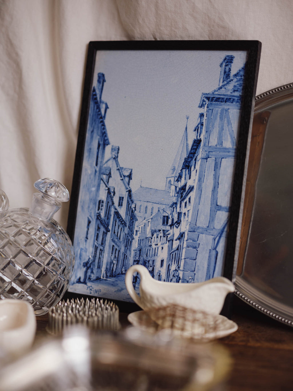 Antique Framed Blue & White Plaque (Dated 1890)