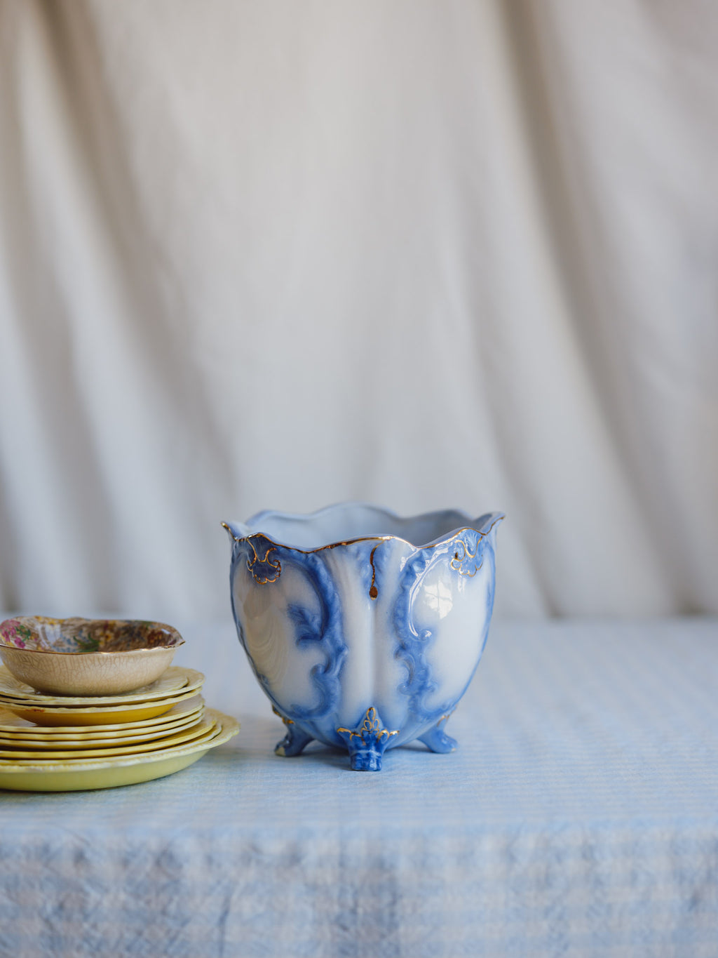 Vintage Flow Blue & White Footed Planter