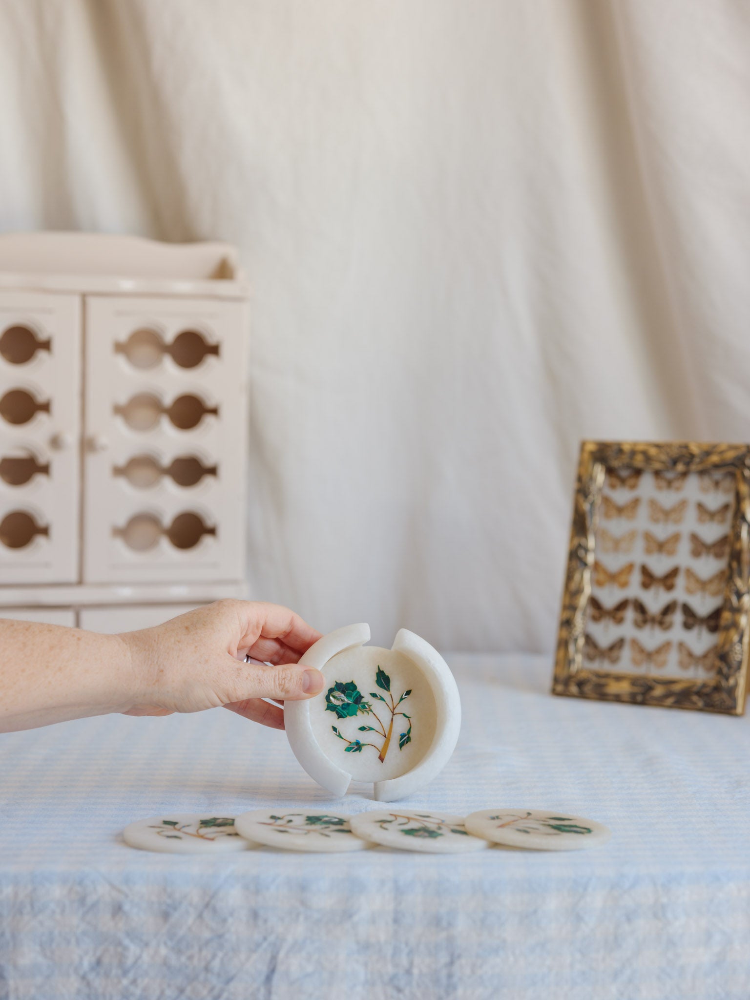 Vintage Stone Coasters with Semi-Precious Inlay (Set of 5)