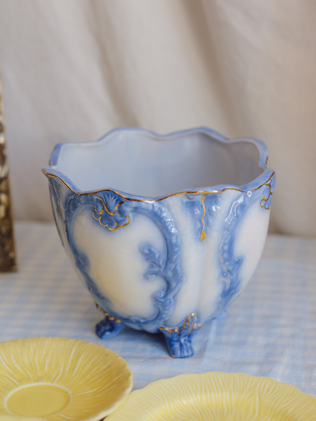 Vintage Flow Blue & White Footed Planter