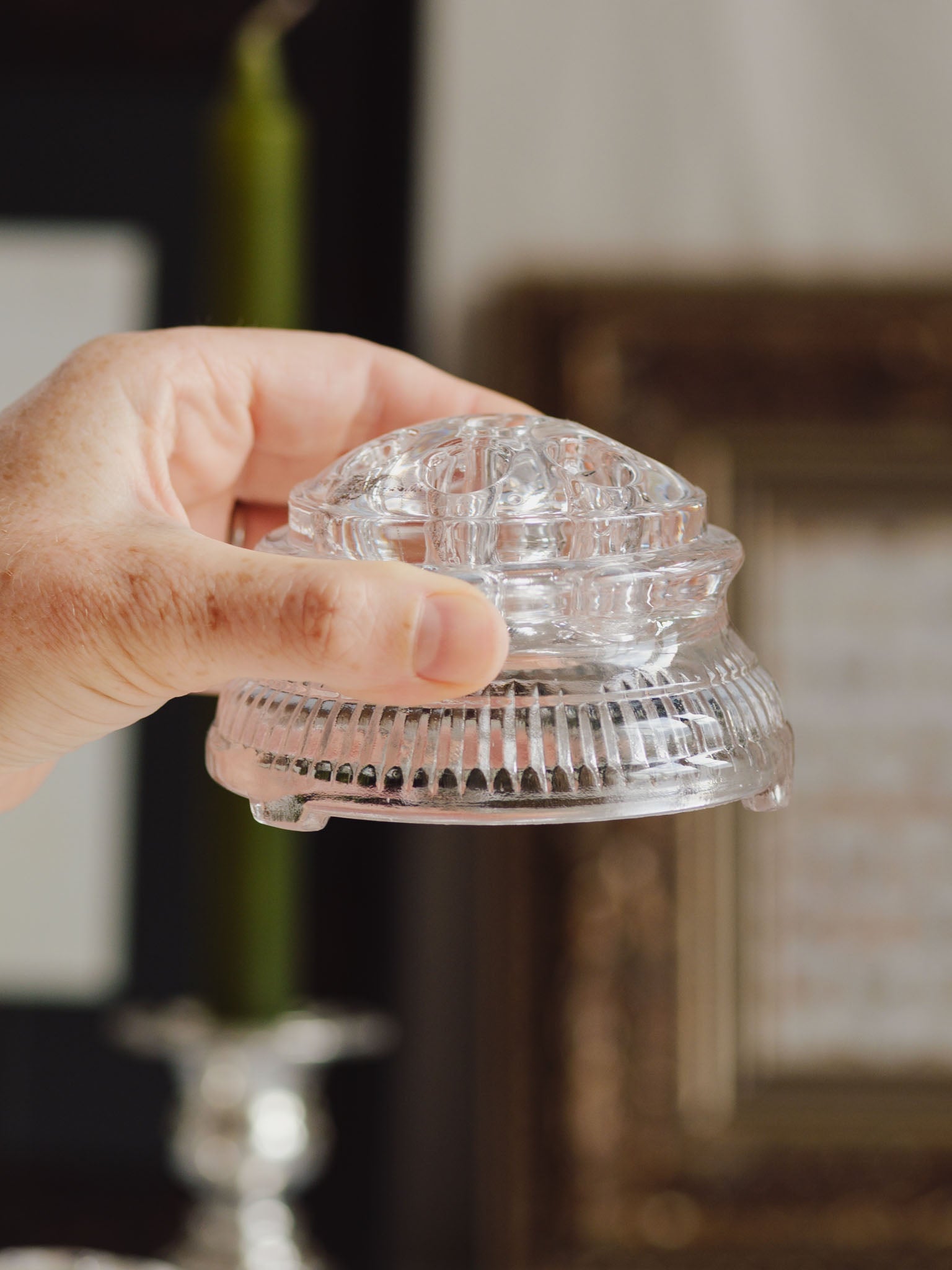 Vintage Ribbed Glass Flower Frog with Feet - 10cm