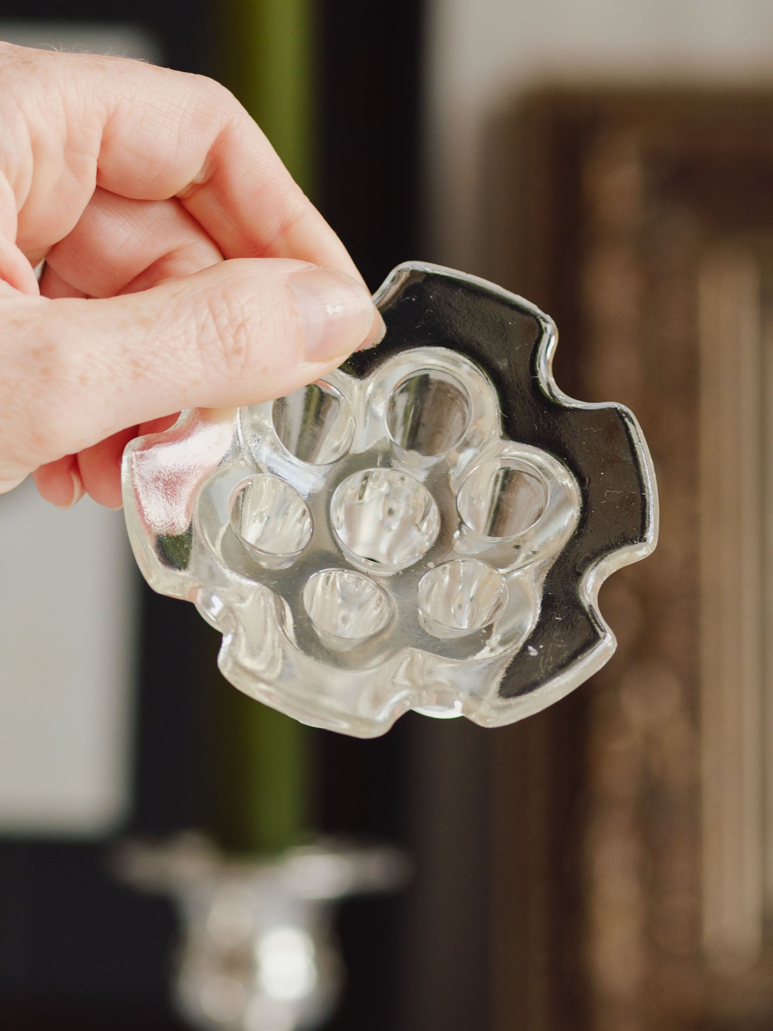 Vintage Small Hexagon Glass Flower Frog (8.8cm)