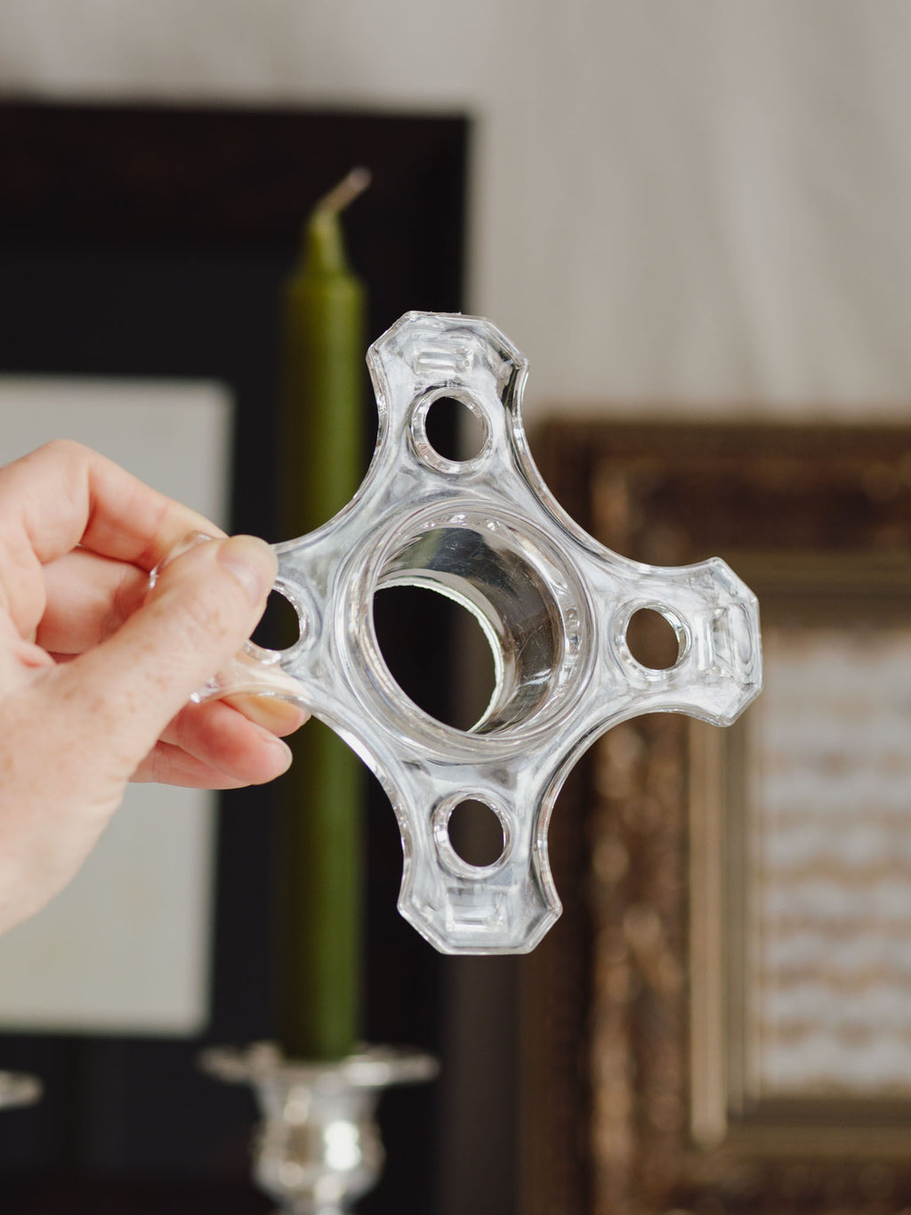 Vintage Cross Shape Glass Flower Frog (14.5cm) - Art Deco Style