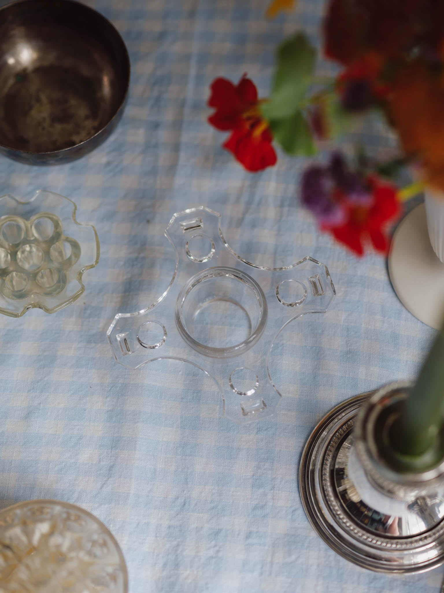 Vintage Cross Shape Glass Flower Frog (14.5cm) - Art Deco Style