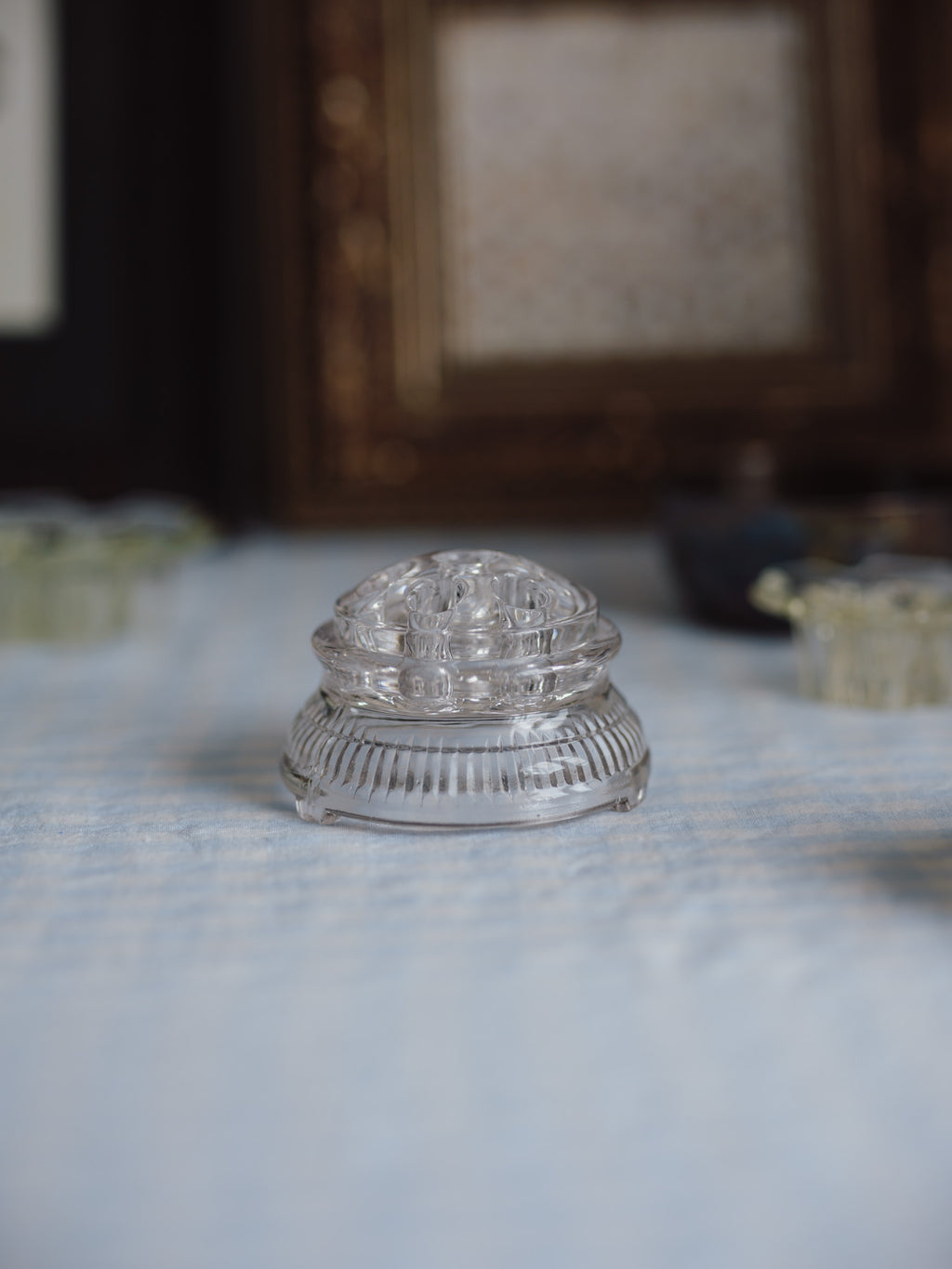 Vintage Ribbed Glass Flower Frog with Feet - 10cm