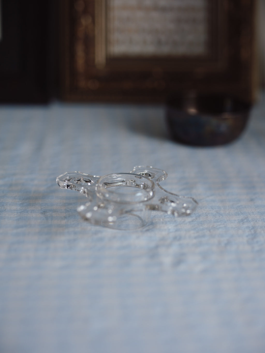 Vintage Cross Shape Glass Flower Frog (14.5cm) - Art Deco Style