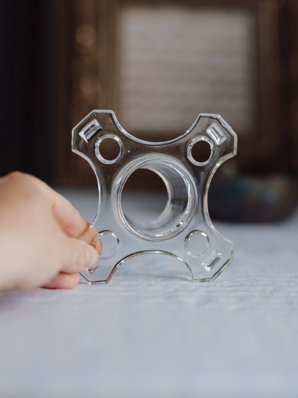 Vintage Cross Shape Glass Flower Frog (14.5cm) - Art Deco Style