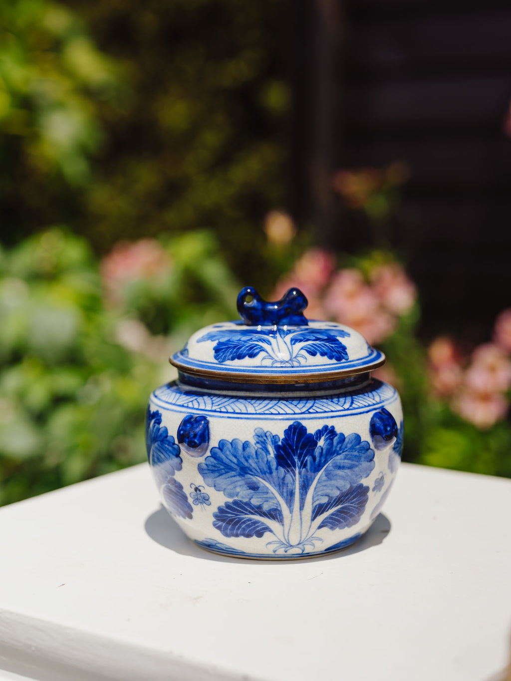 Antique Chinese Blue & White Porcelain Kamcheng Jar - Bok Choy & Bees