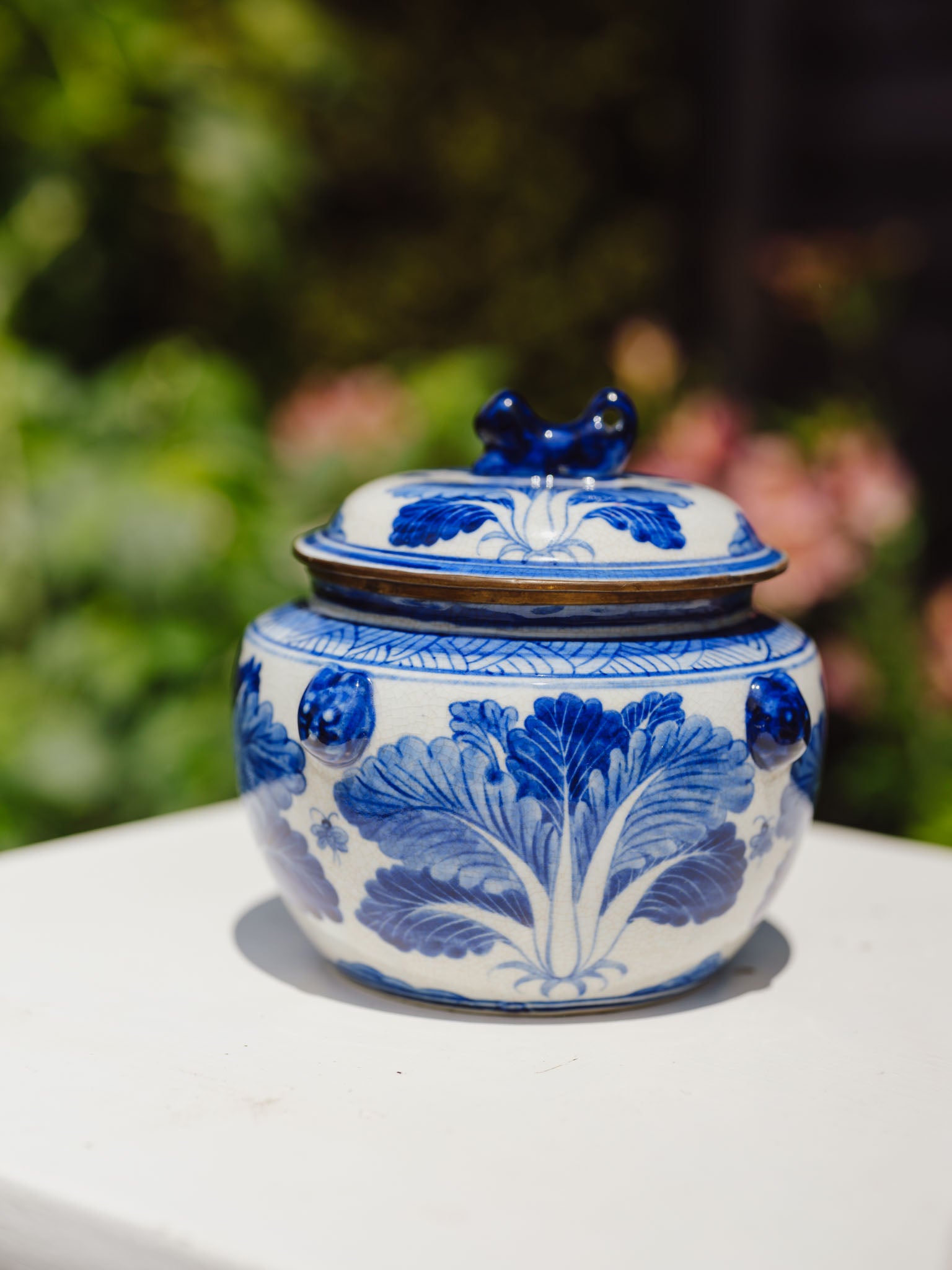 Antique Chinese Blue & White Porcelain Kamcheng Jar - Bok Choy & Bees
