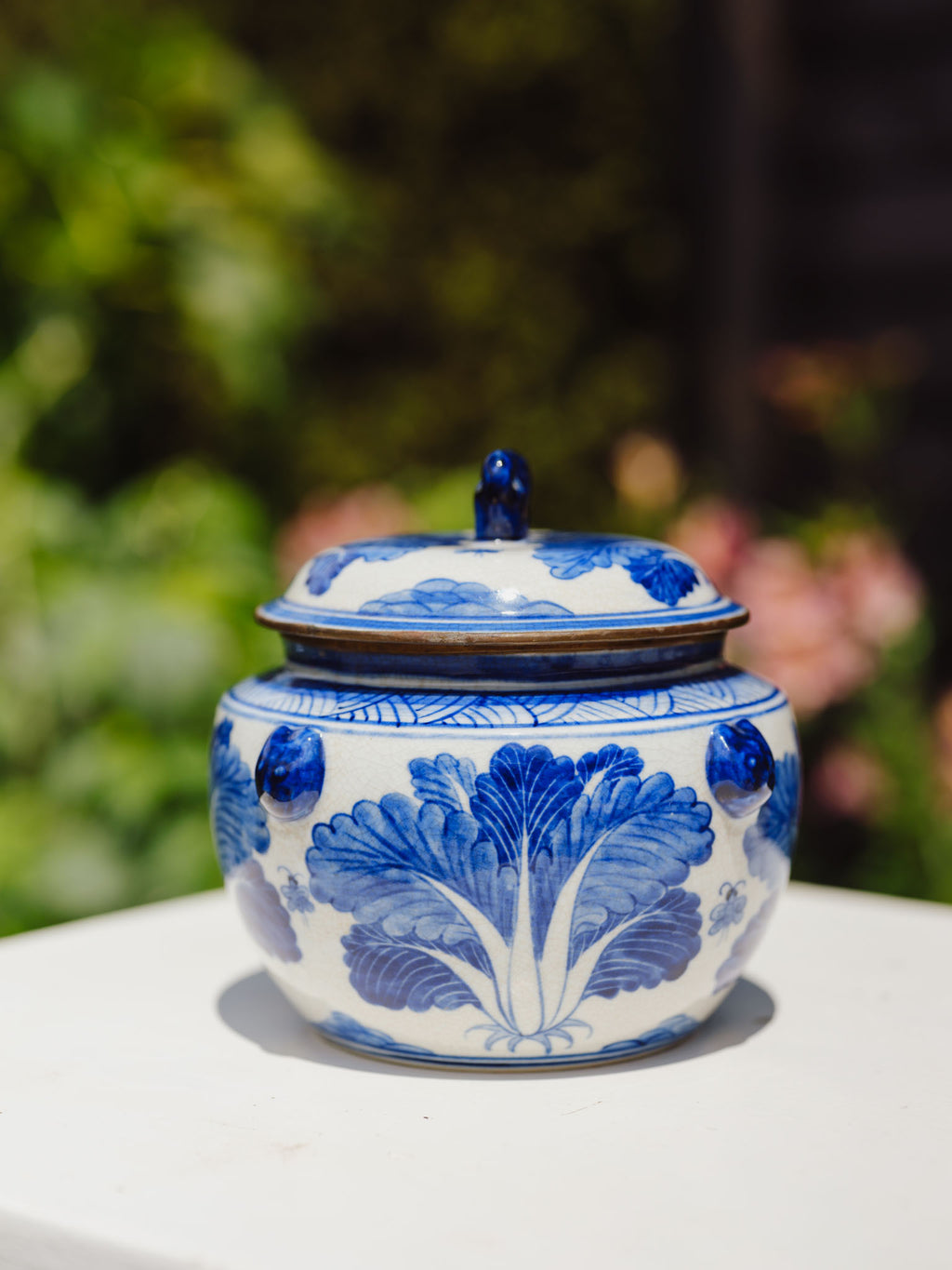 Antique Chinese Blue & White Porcelain Kamcheng Jar - Bok Choy & Bees