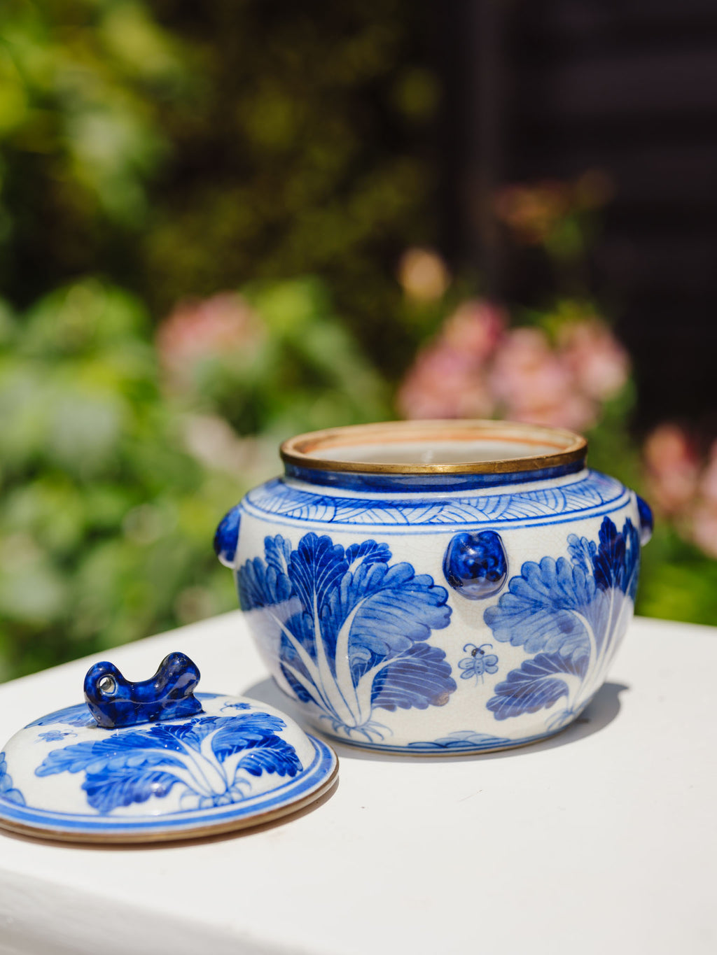 Antique Chinese Blue & White Porcelain Kamcheng Jar - Bok Choy & Bees