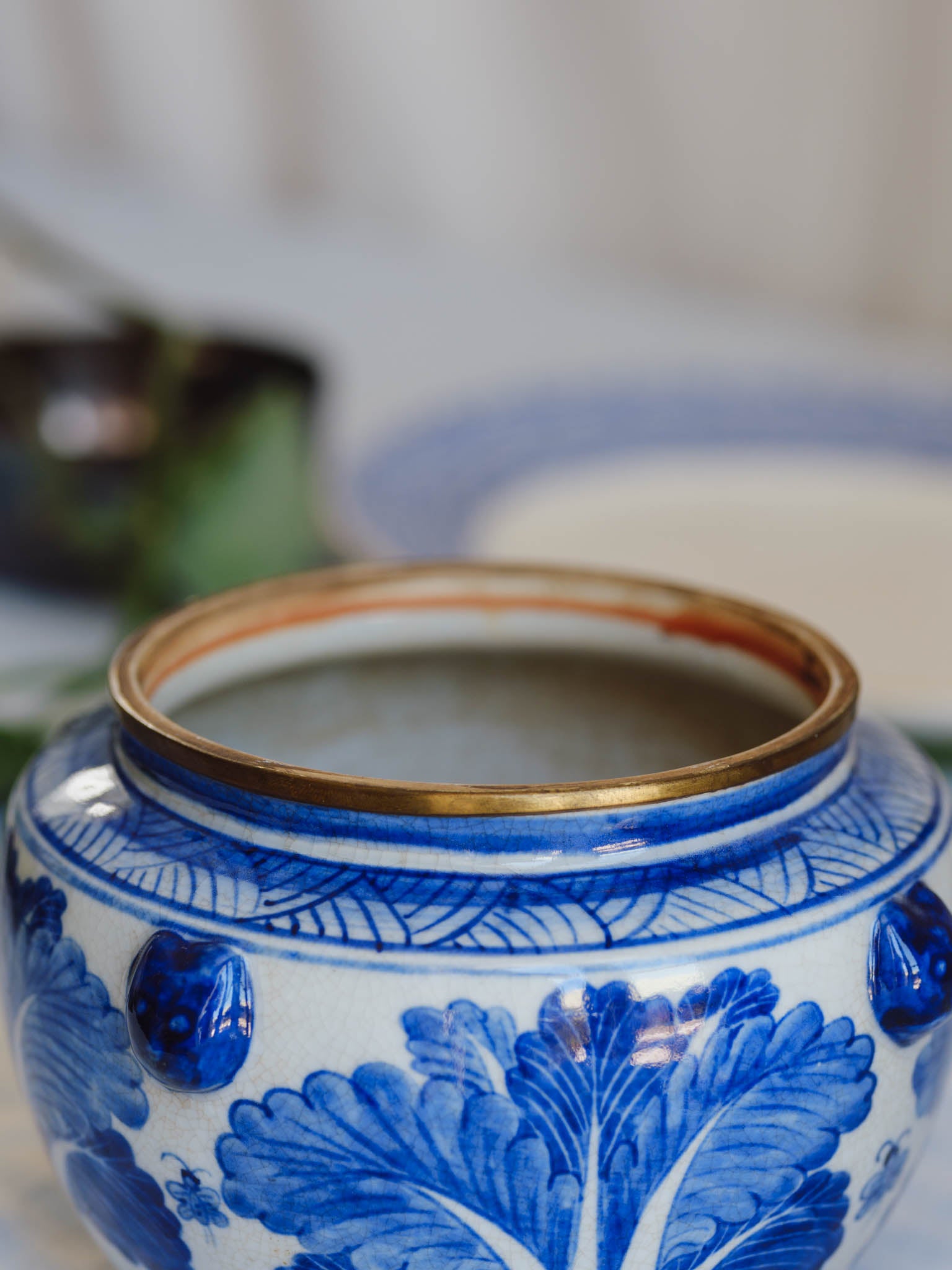 Antique Chinese Blue & White Porcelain Kamcheng Jar - Bok Choy & Bees