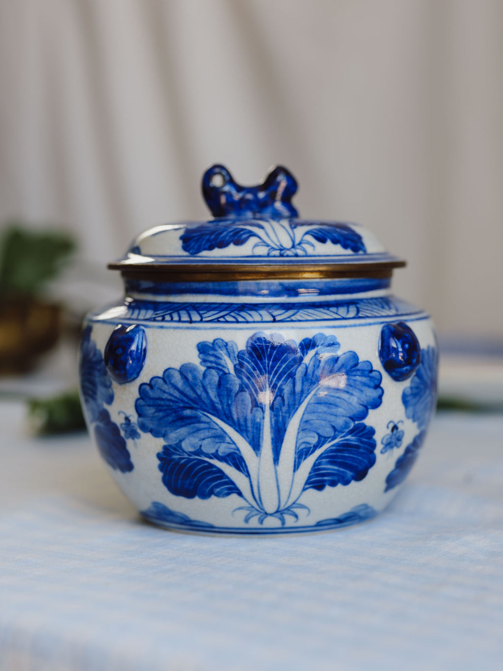Antique Chinese Blue & White Porcelain Kamcheng Jar - Bok Choy & Bees