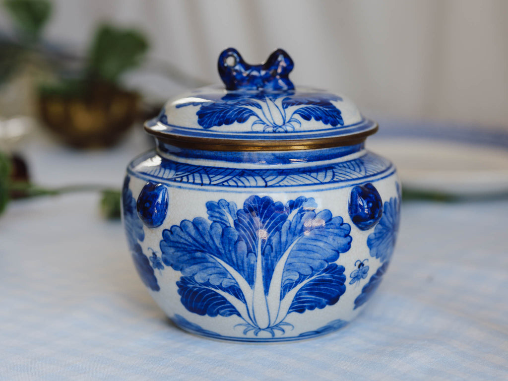 Antique Chinese Blue & White Porcelain Kamcheng Jar - Bok Choy & Bees